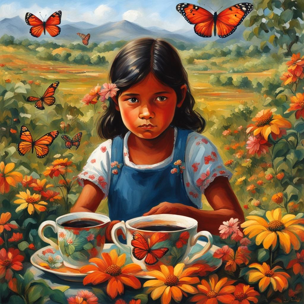 Little Girl Selling Coffee with Giant Insects