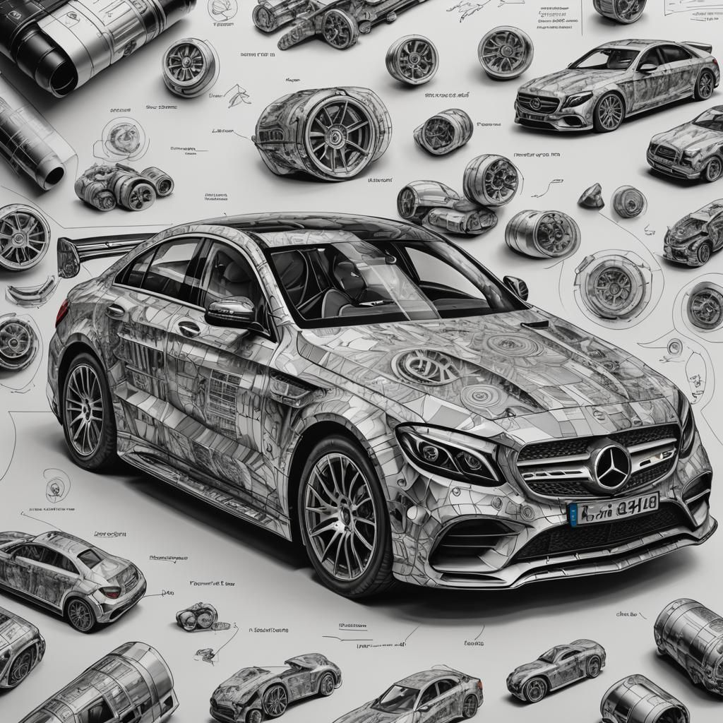Detailed Technical Drawing of a Mercedes in Black and White