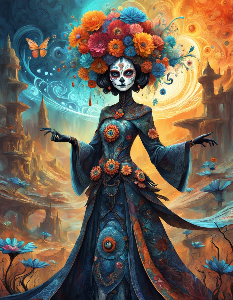 Catrina Figure with Floral Patterns and Binary Code in Surre...