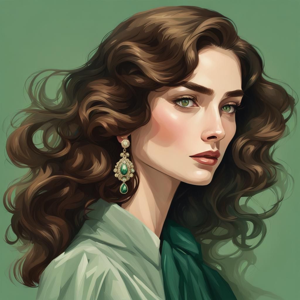Ethereal Woman with Brown Hair and Green Eyes
