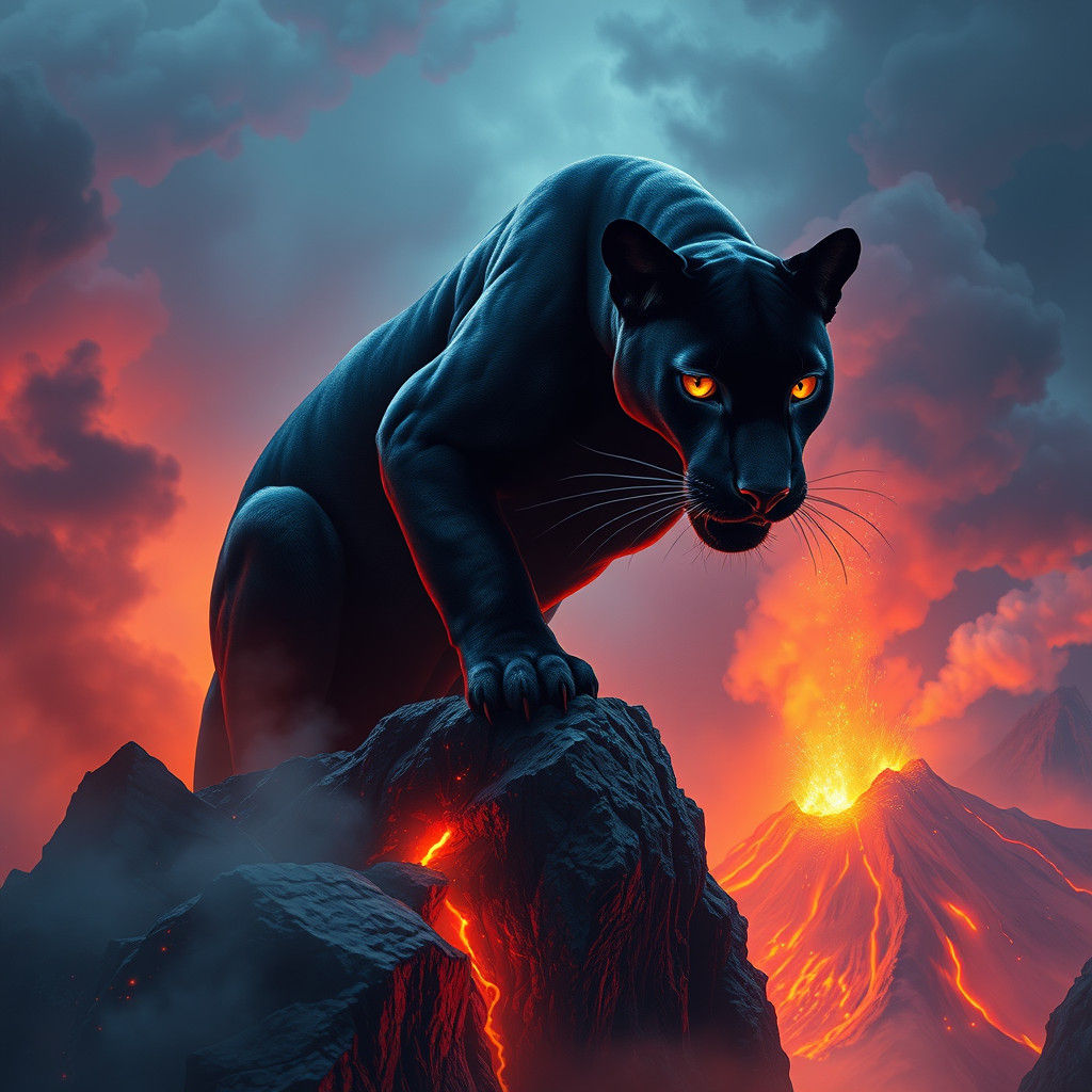 Black Panther on Volcano in Ethereal Dreamscape