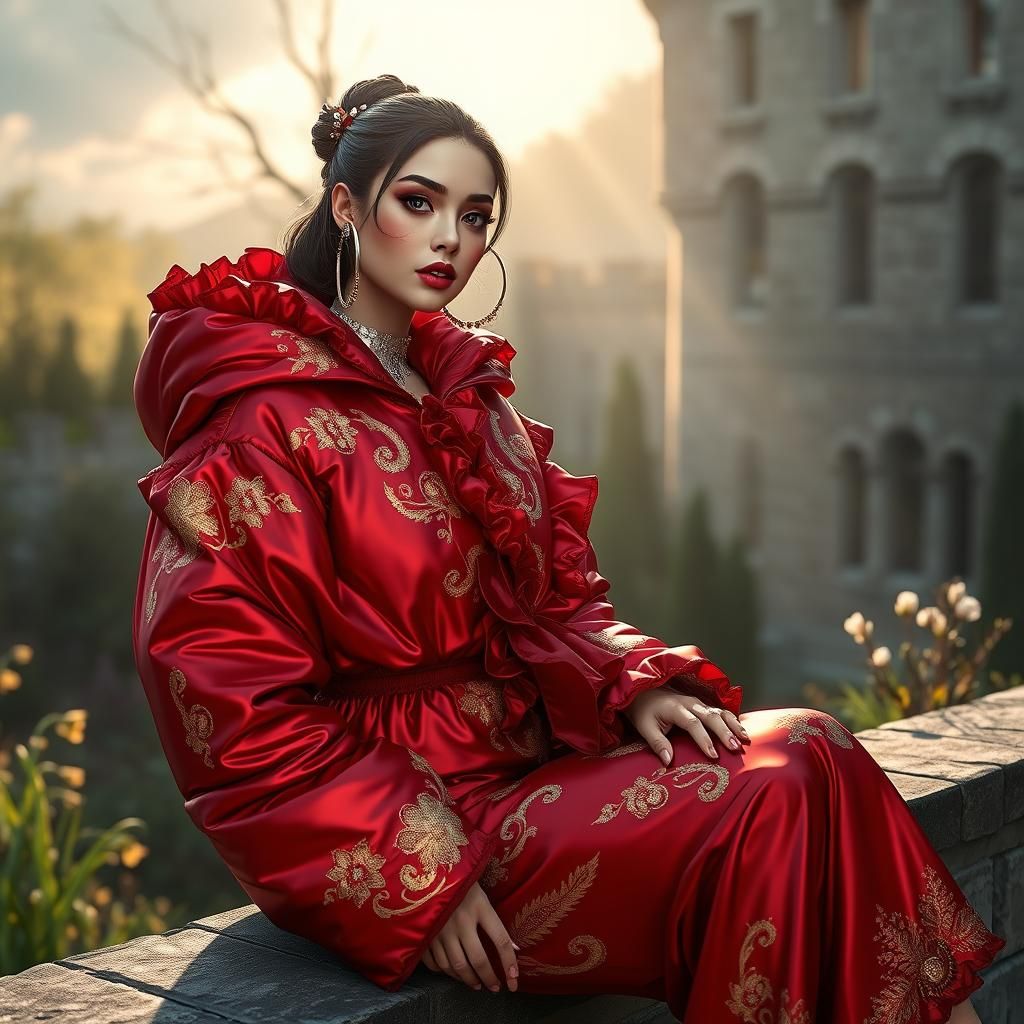 Woman in Red Satin Wintersuit in Fantasy Garden