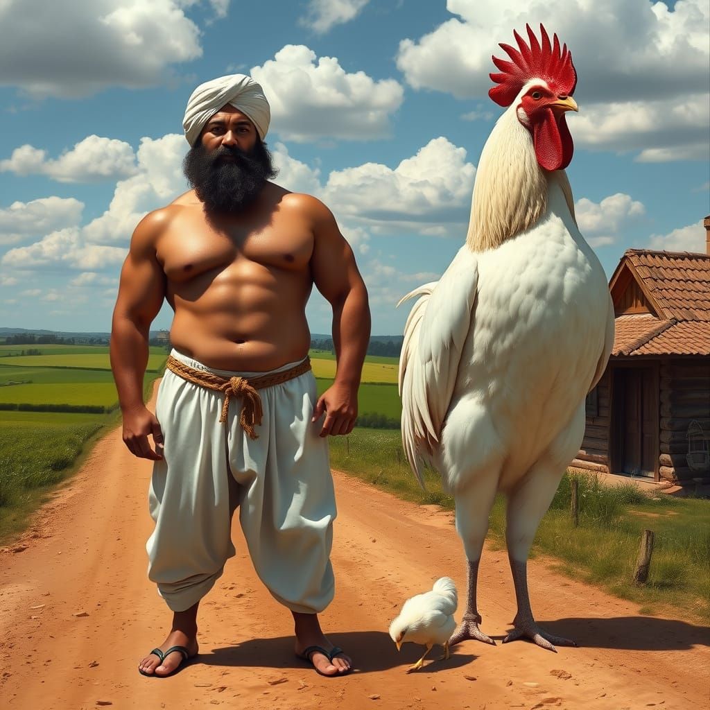 Muscular Man in White Turban Stands Confidently on Rural Dir...