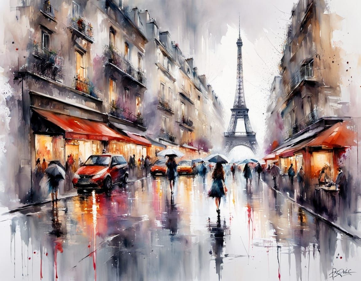 Rain-Kissed Paris Street in Watercolor Style