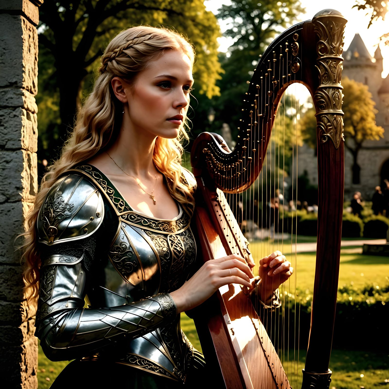 Lady Knight Plays Harp in Palace Garden