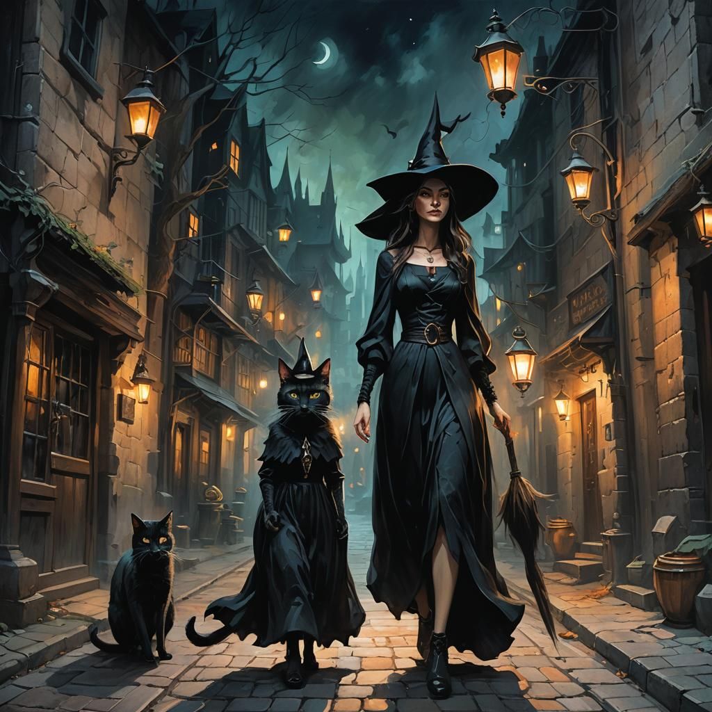 Dark Fantasy Witch in Dimly Lit City Alley