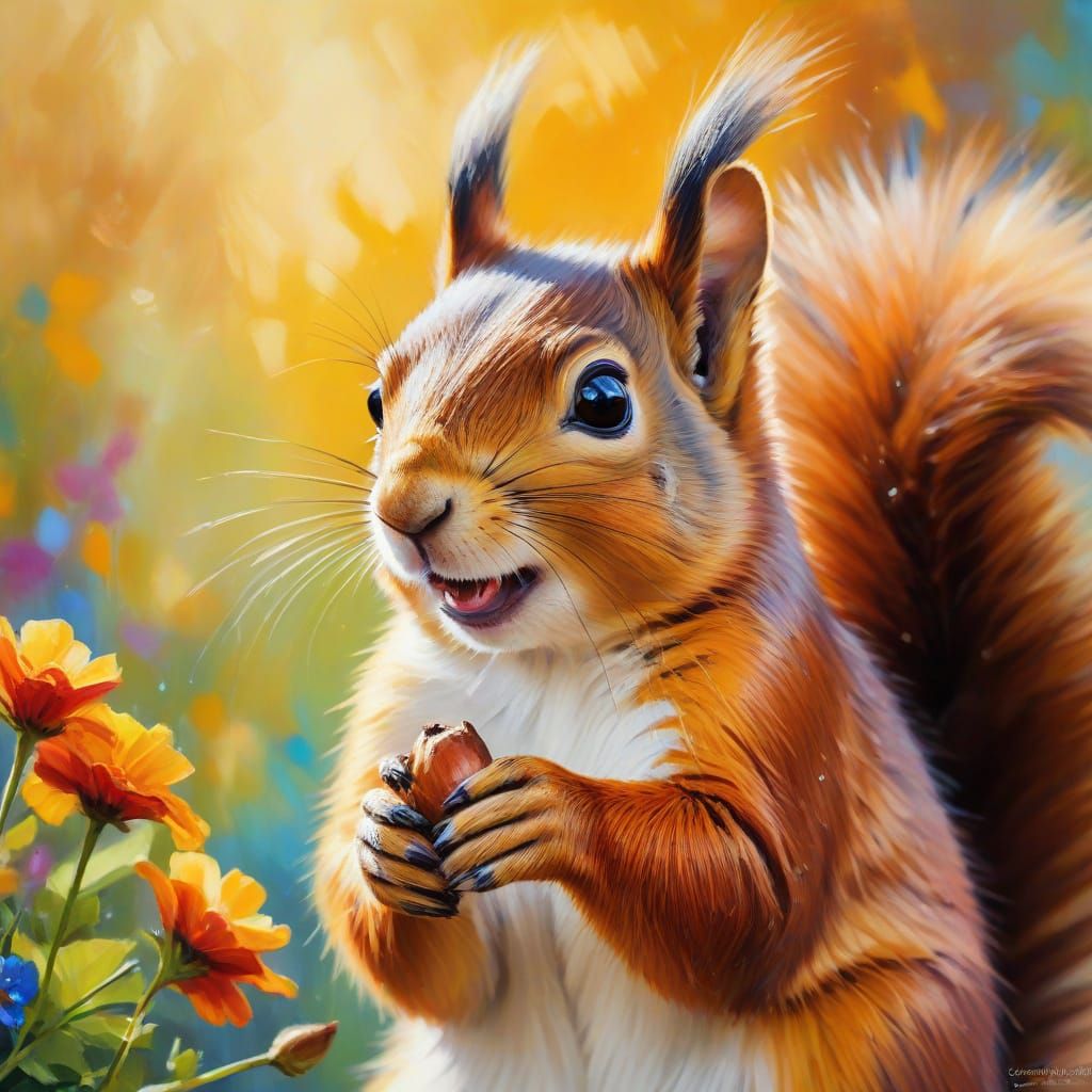 Joyful Squirrel in Vibrant Nature, Impressionist Oil Paintin...