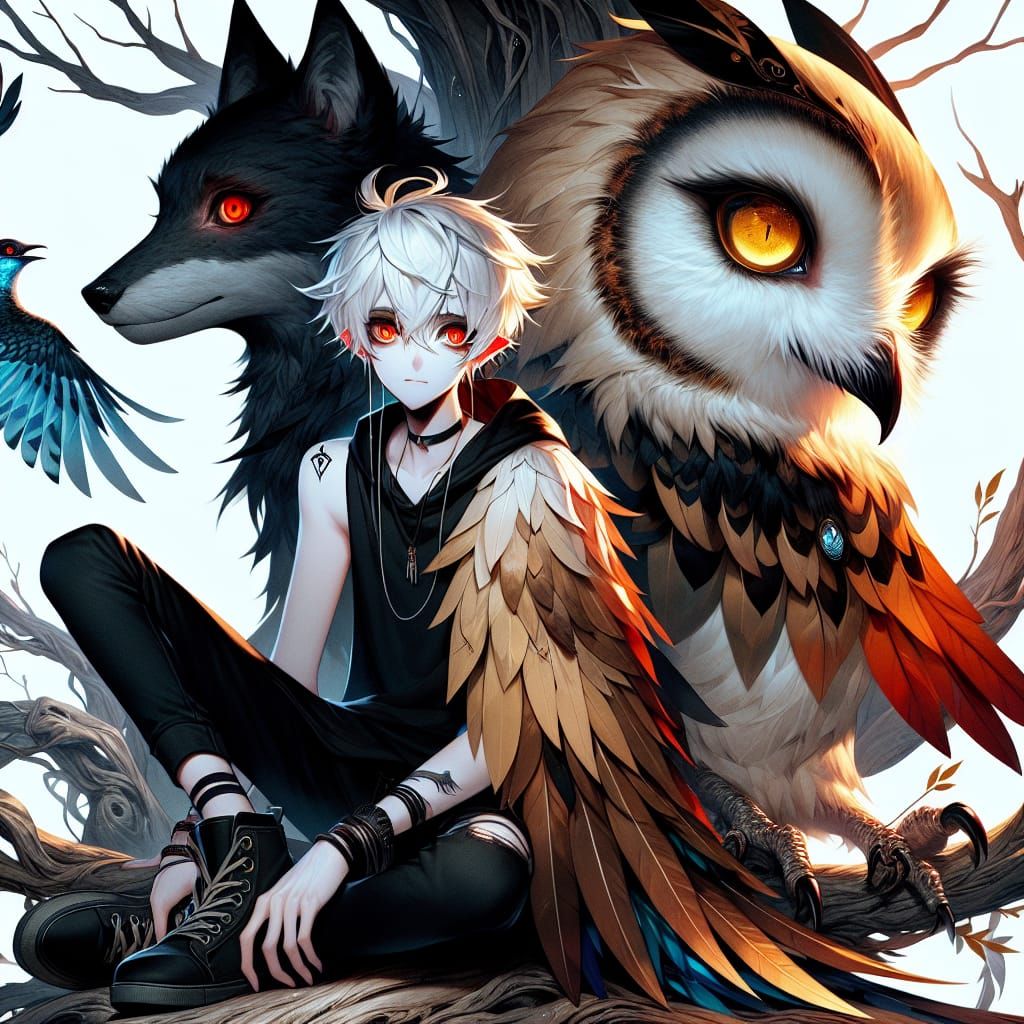 Anime Emo Boy with Harpy and Fox in Matte Painting