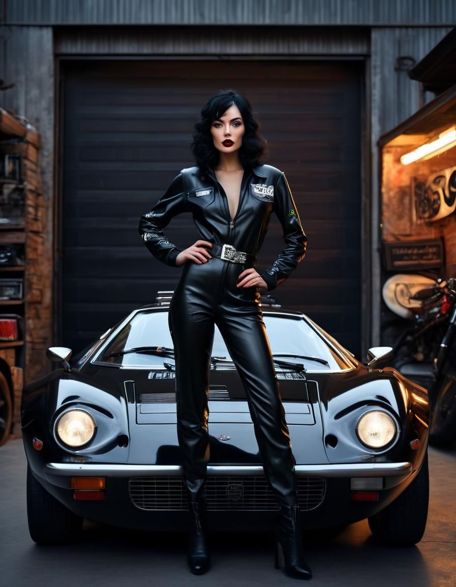 Beautiful Gothic Girl is Standing beside a lancia Stratos Ra...
