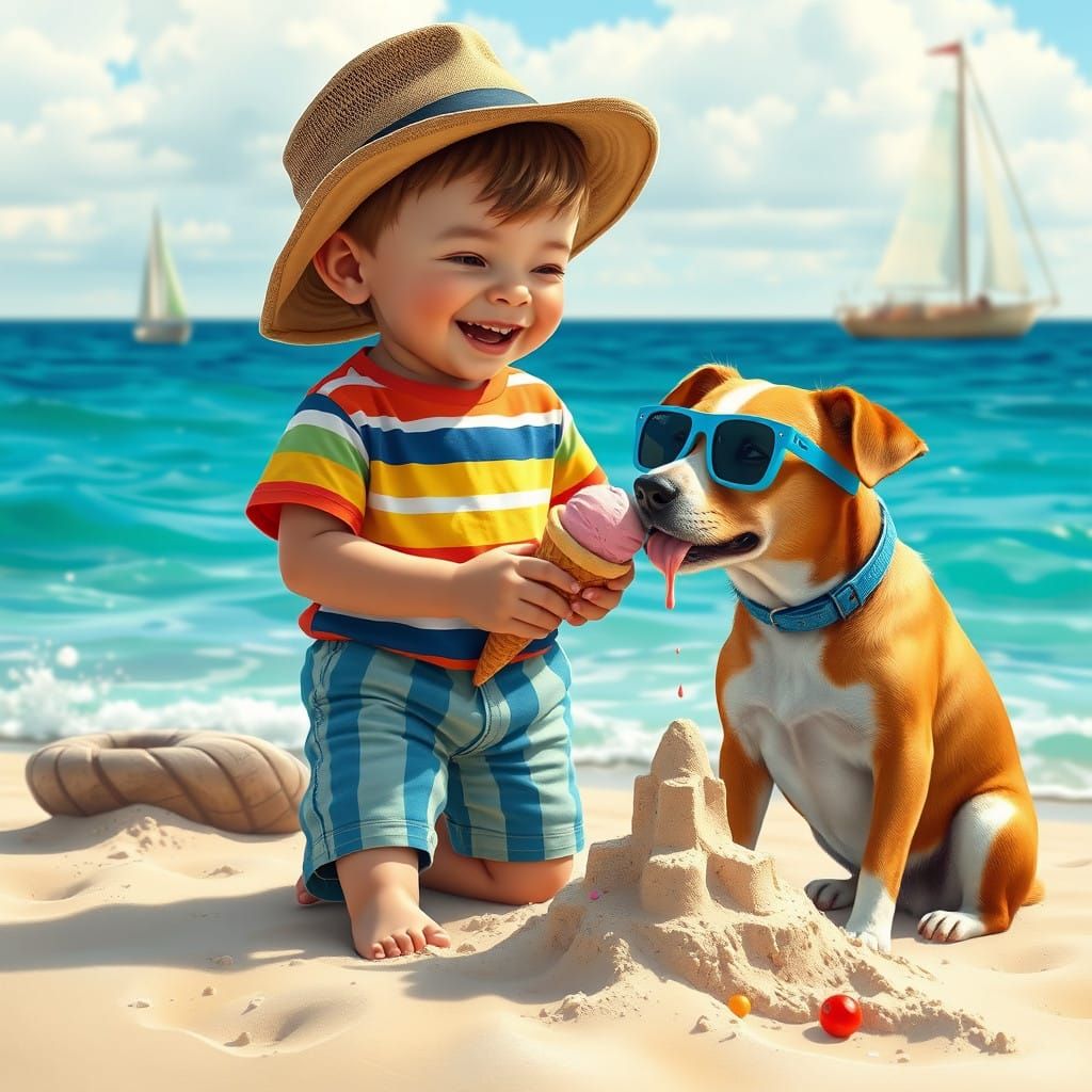 Charming Beach Boyhood Scene in Whimsical Painting Style
