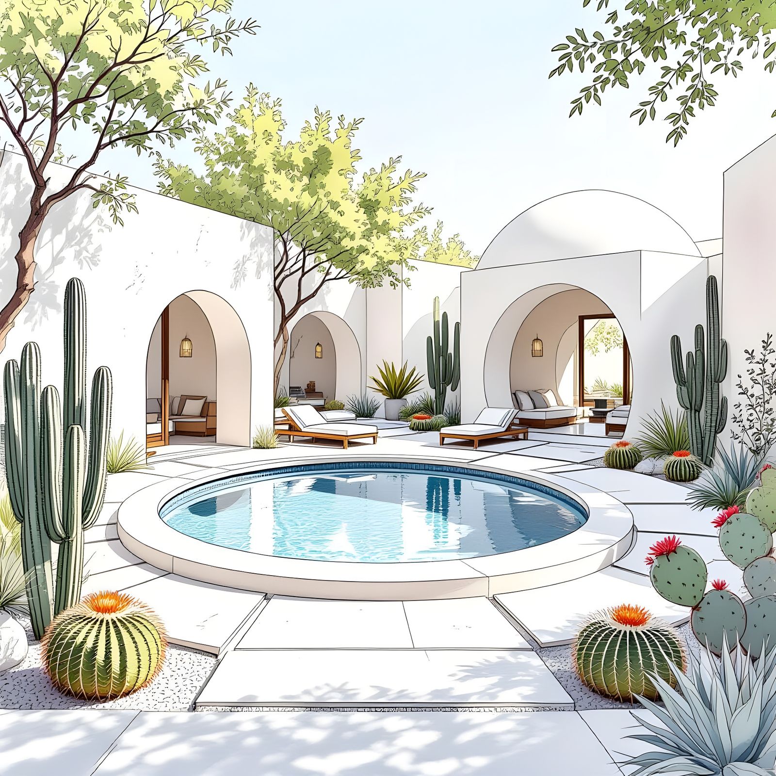 Modern Architectural Domes Around Circular Patio with Biopis...