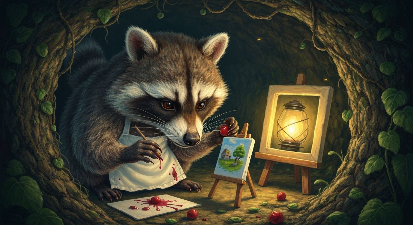 Raccoon Artist Paints Miniature Landscape in Cozy Burrow