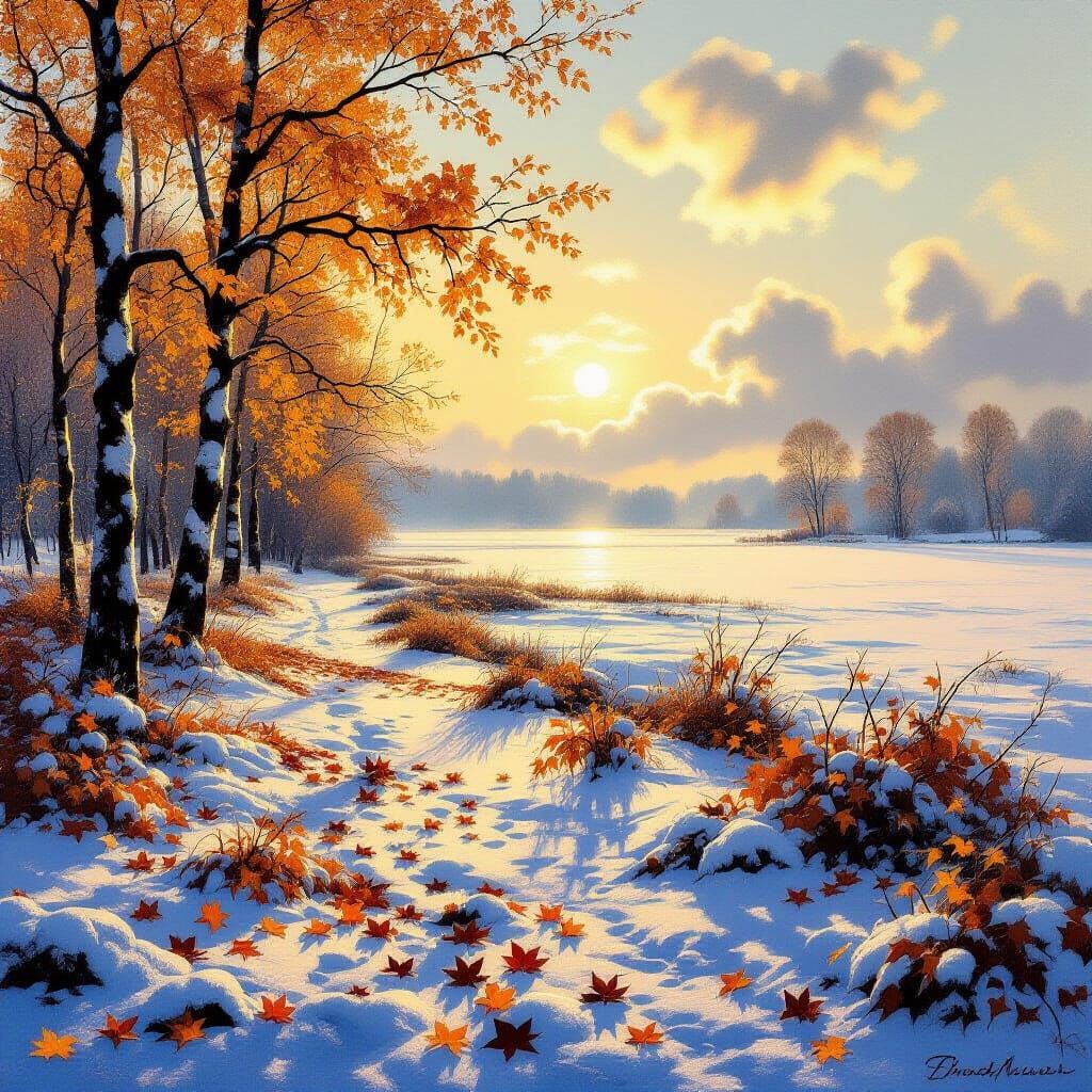 Autumn to Winter Landscape Painting with Frost and Snow