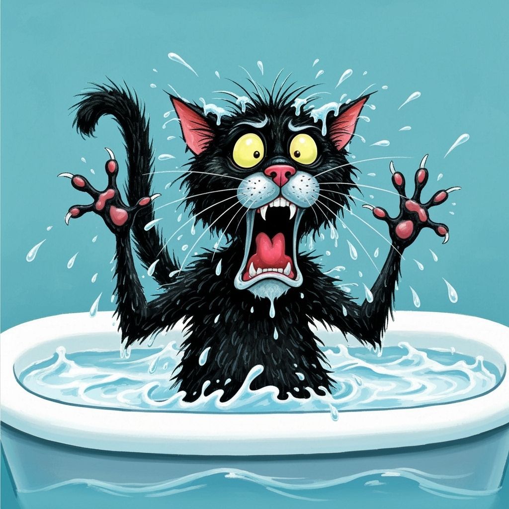Frantic Black Cat Escapes Bathwater in Caricature Style