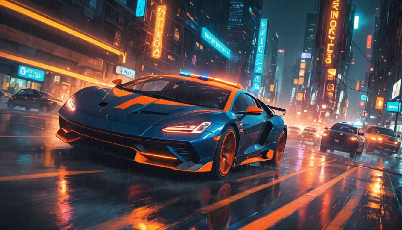 Neon Car Chase in Futuristic Cityscape