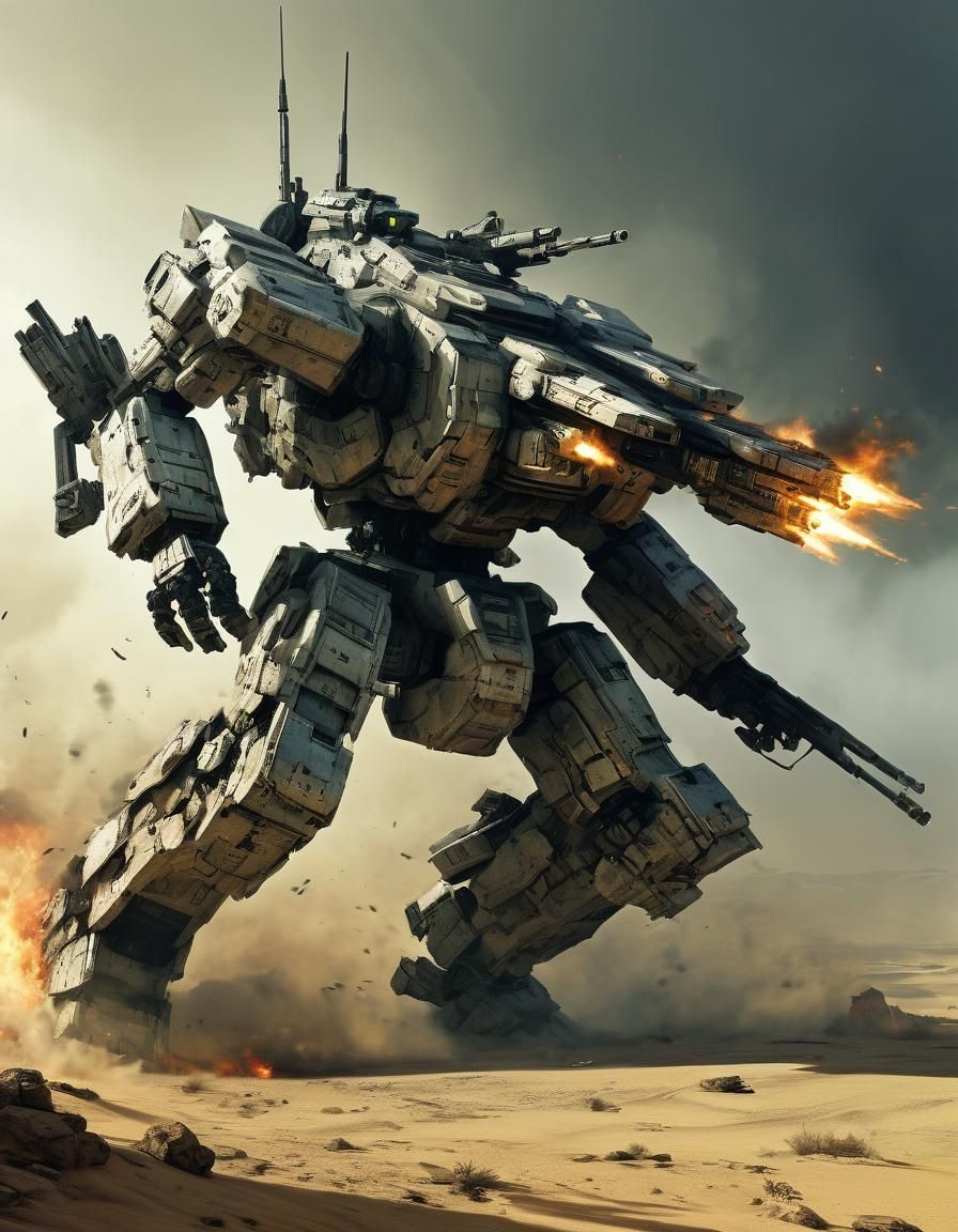 Futuristic Armored Robot Battle in Desert Heat