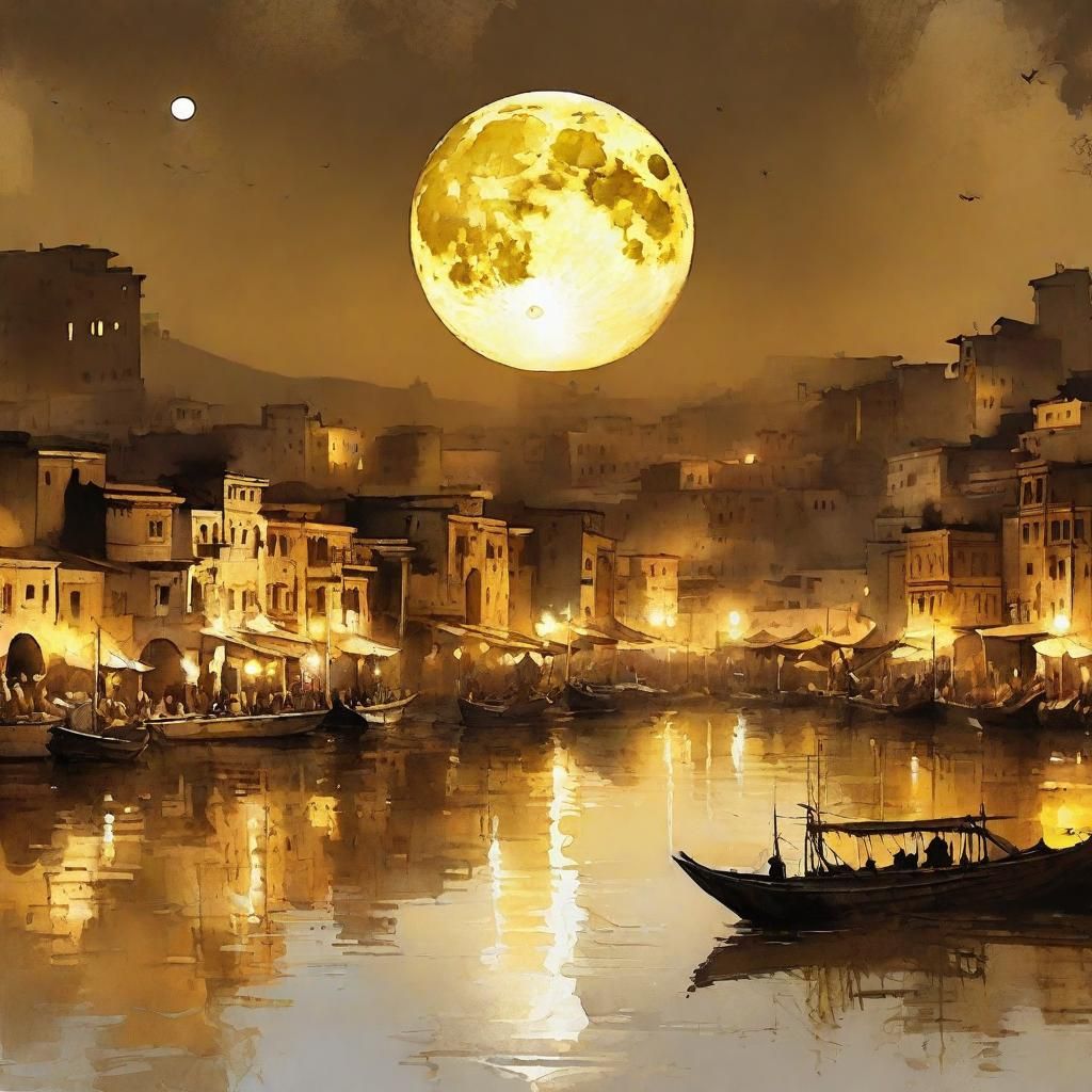 Nubian Town on the Nile in Ink Watercolor