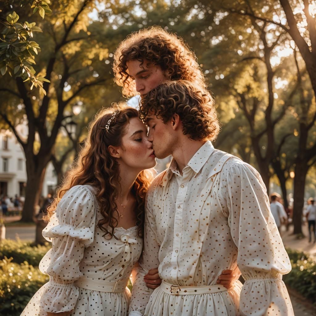 Two Youthful Figures Kissing in Polka Dot Dresses
