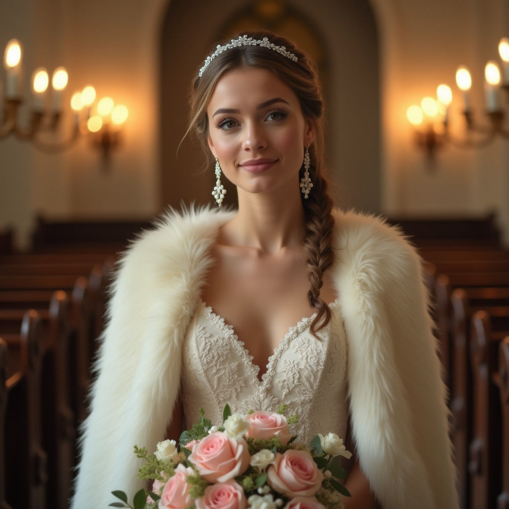 Elegant Bride with Braided Updo in Candlelit Church