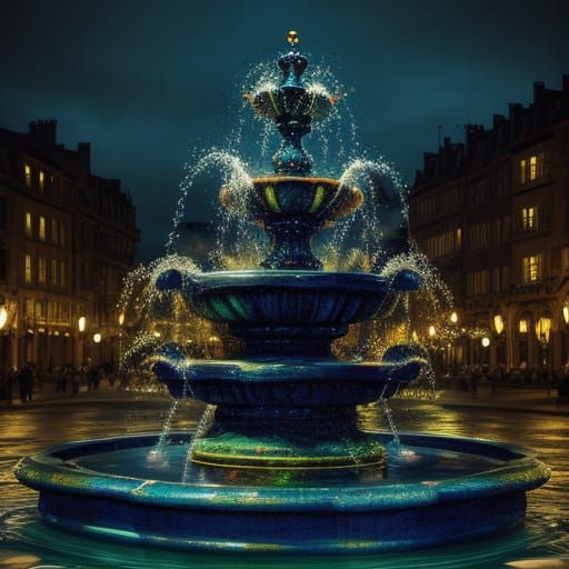 Whimsical Fountain with Vivid Colors and Bokeh