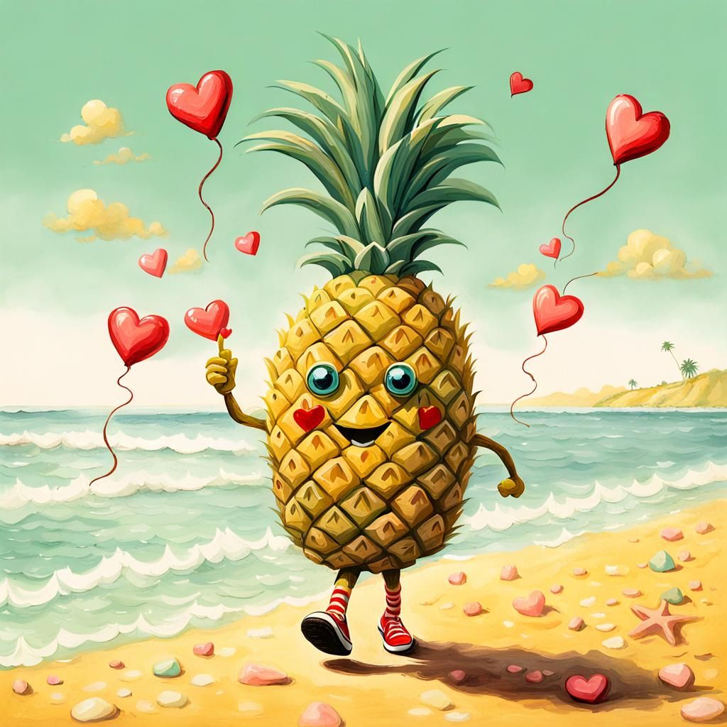 Whimsical Pineapple Man Spreading Love on Beach