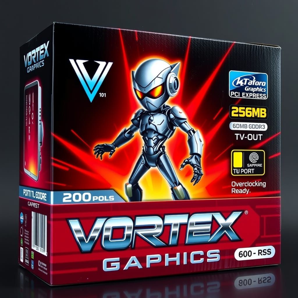 Retro-Futuristic Graphics Card Box with Cybernetic Mascot