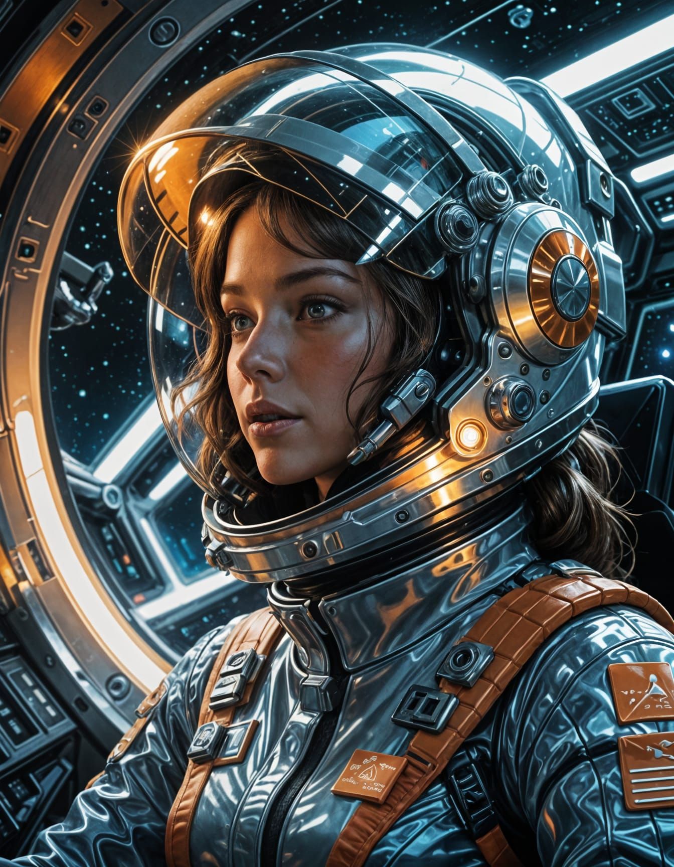Girl in Futuristic Spacesuit in Spaceship Cockpit