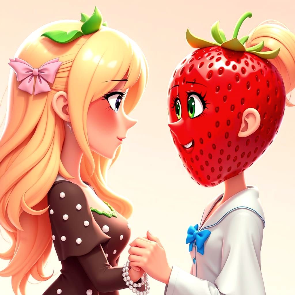 Cartoonish Strawberry Blonde Holds Hands with Blonde Strawbe...