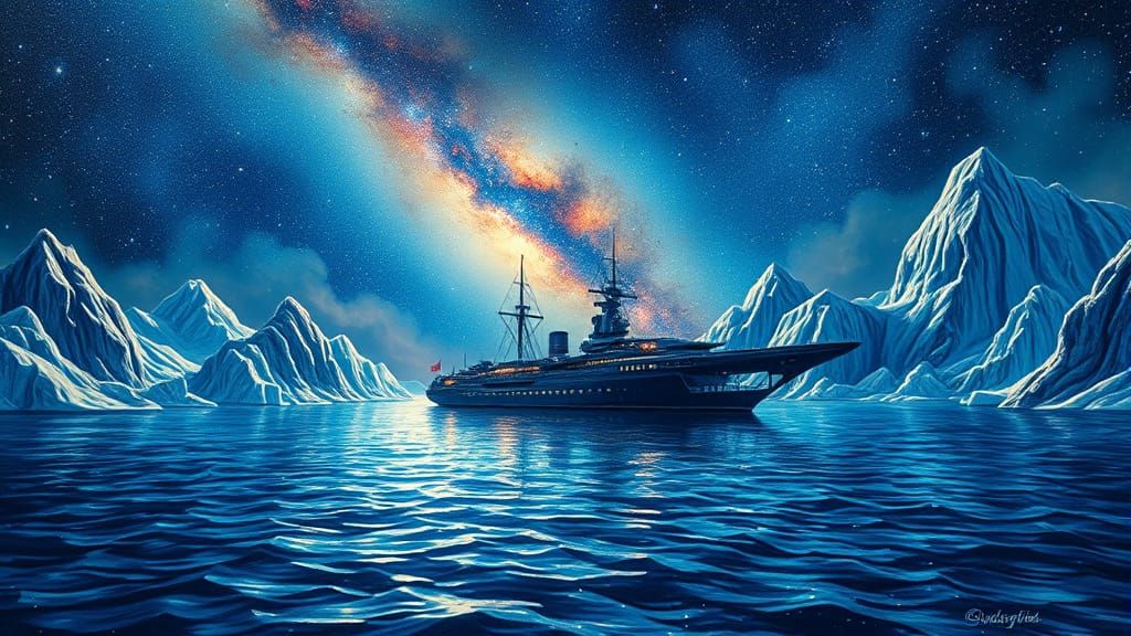 Surreal Battleship on Cosmic Sea in Iridescent Crystalline S...