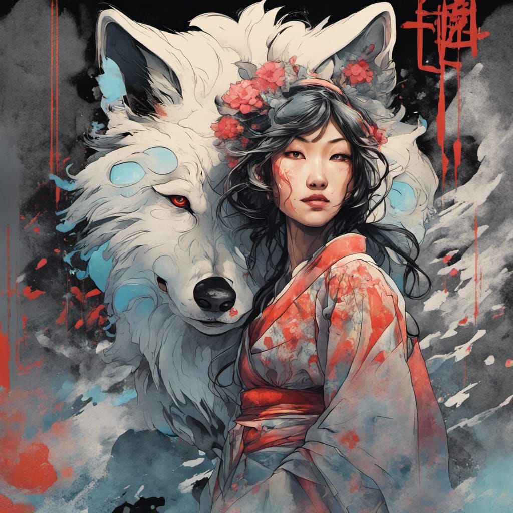 Asian Wolf Yokai Woman in Mucha Style