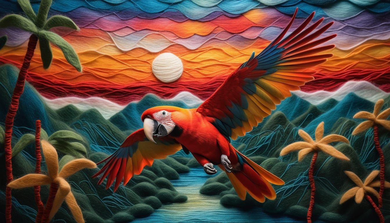 Scarlet Macaw in Ethereal Felted Wool Art