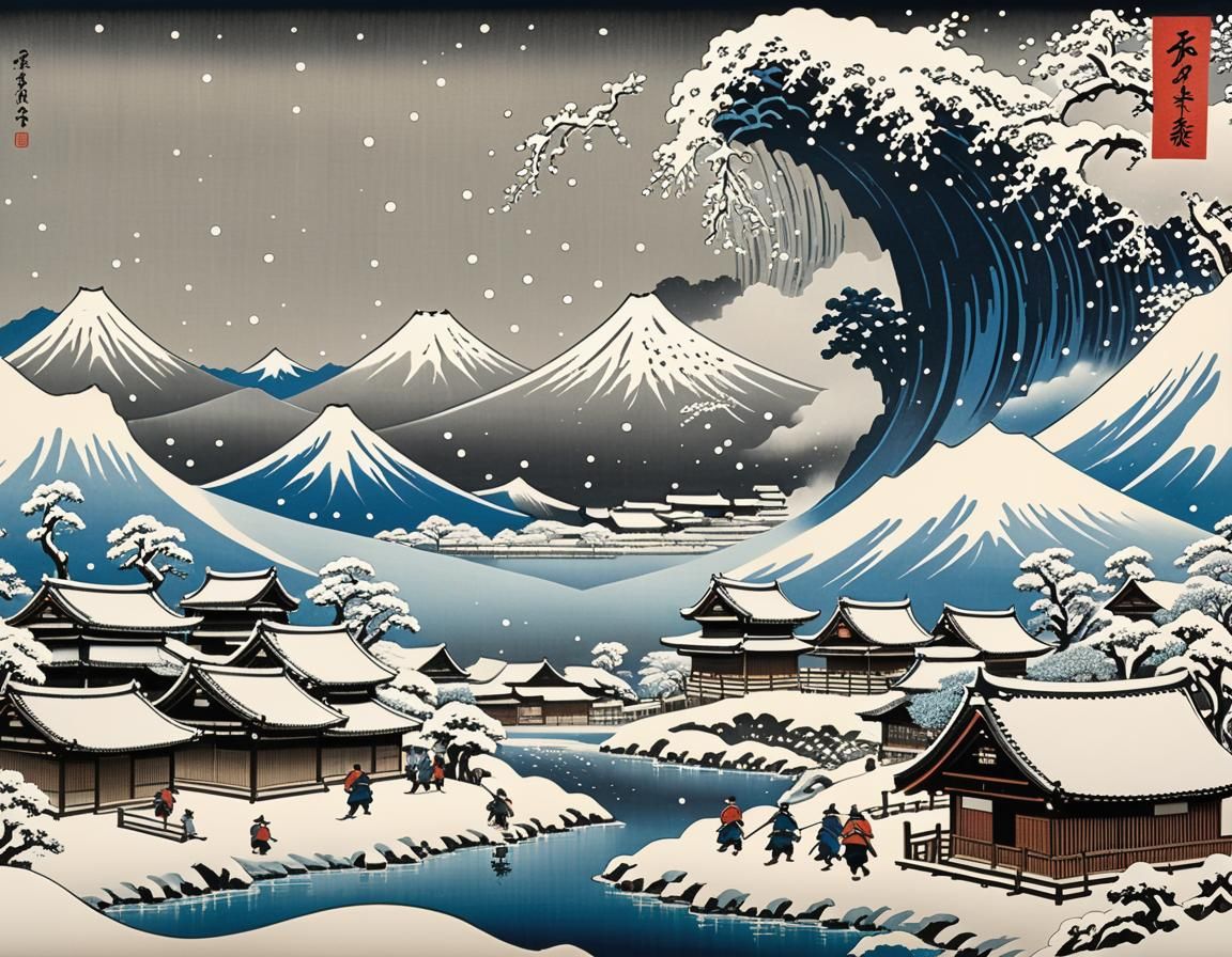 Gojira Attacks Ancient Village in Ukiyo-e Style