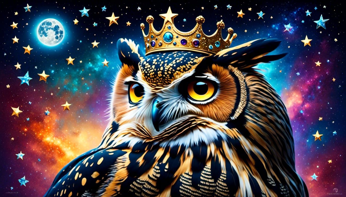 Crowned Owl Painting Stars in Mystical Midnight Sky