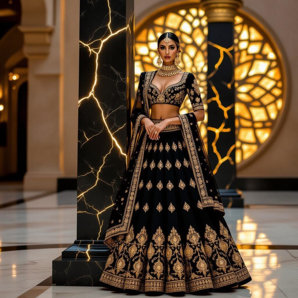 Indian Model in Black Lehenga with Golden Cracks
