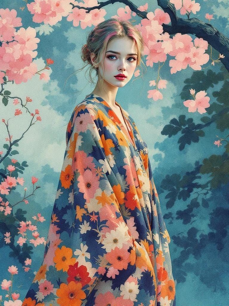 Pin-Up Woman Amidst Cherry Blossoms in Folk Art Watercolor