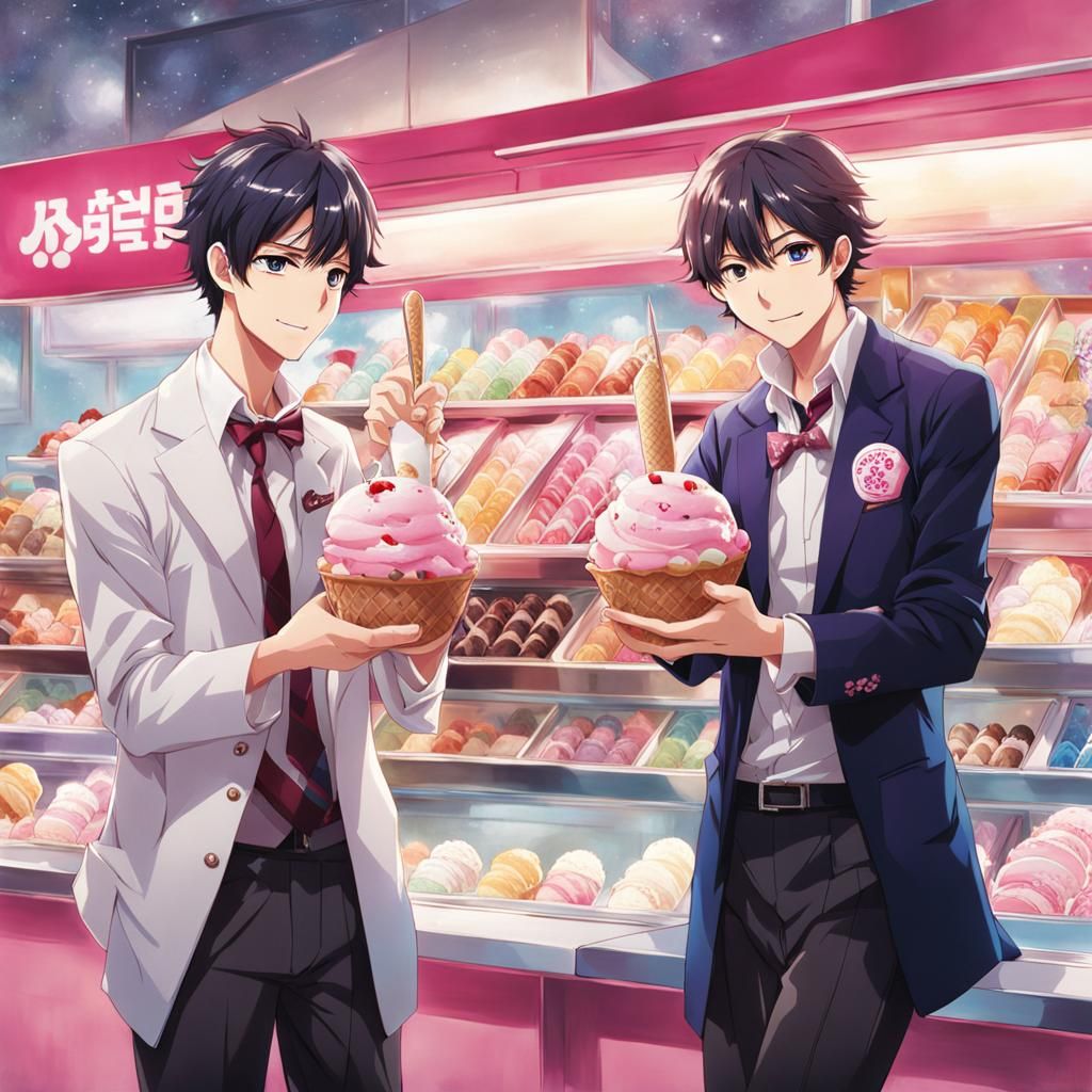 Baskin-Robbins Men Serve Triple Scoop in Anime Style