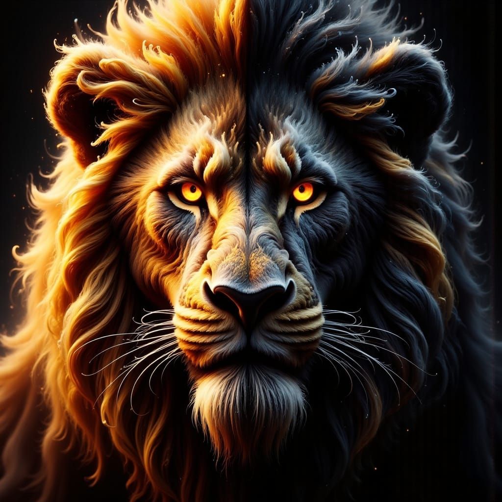 Regal Lion's Face in Vibrant Color and Dramatic Monochrome