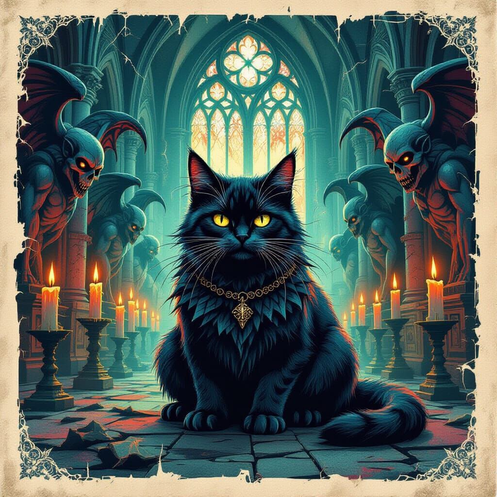 Gothic Cat Troll in Haunted Cathedral Illustration