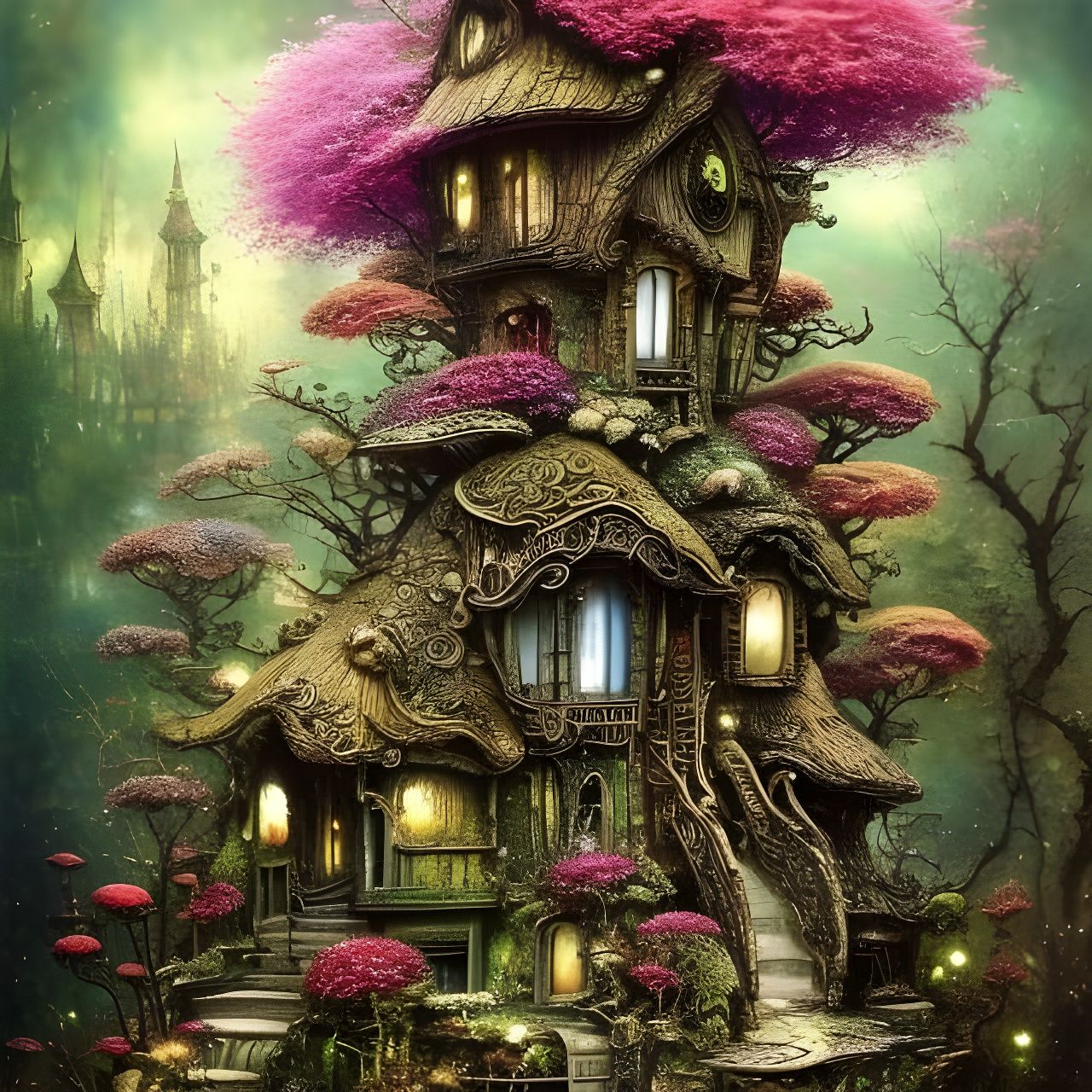 Clockpunk Bonsai Fairy Village: Whimsical Crystal Art