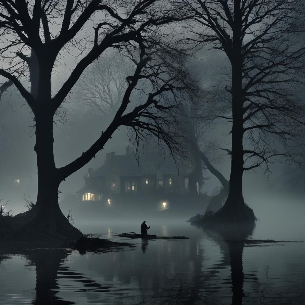 Eerie Ferryman Silhouetted Over Twilit Lake