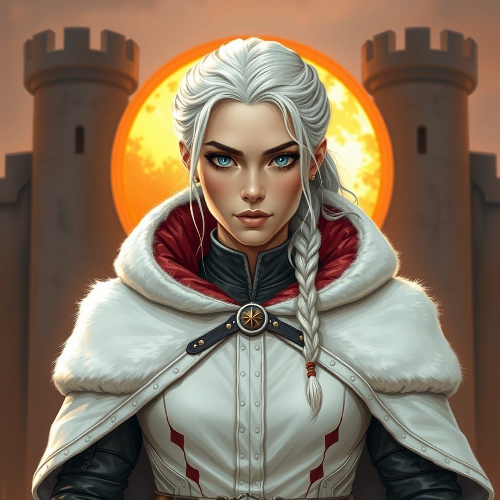 Portrait DE Daenerys Targaryen  cheveux blancs avec des nattes croisées, yeux bleus pétillant, dans  un magnifique mante...