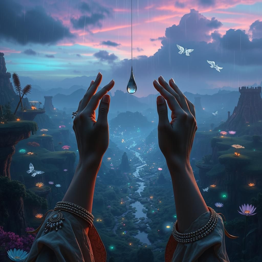 Fantasy Hands Catching Crystal Raindrop