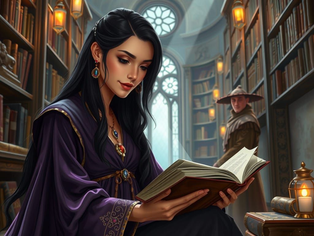 Mystical Sorceress in Ancient Library