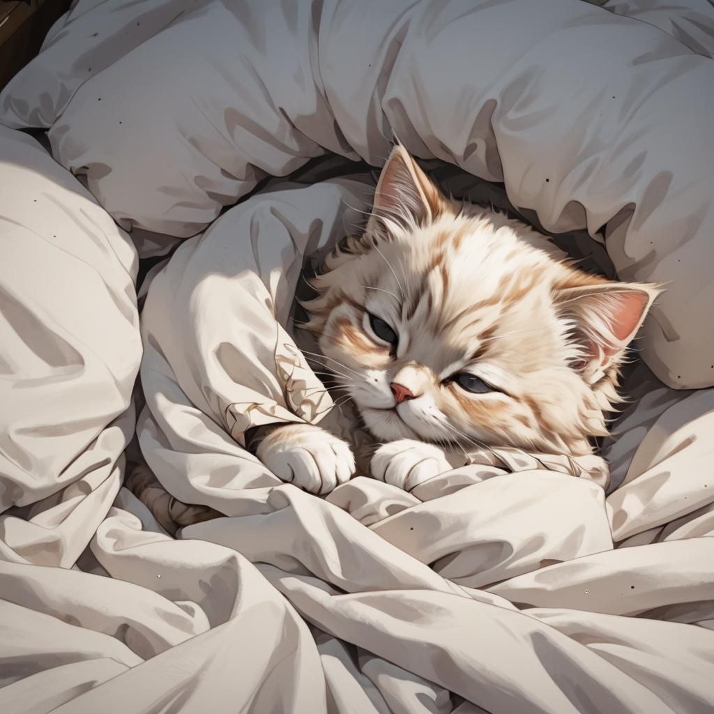 Sleeping fluffy kitten tucked in bed