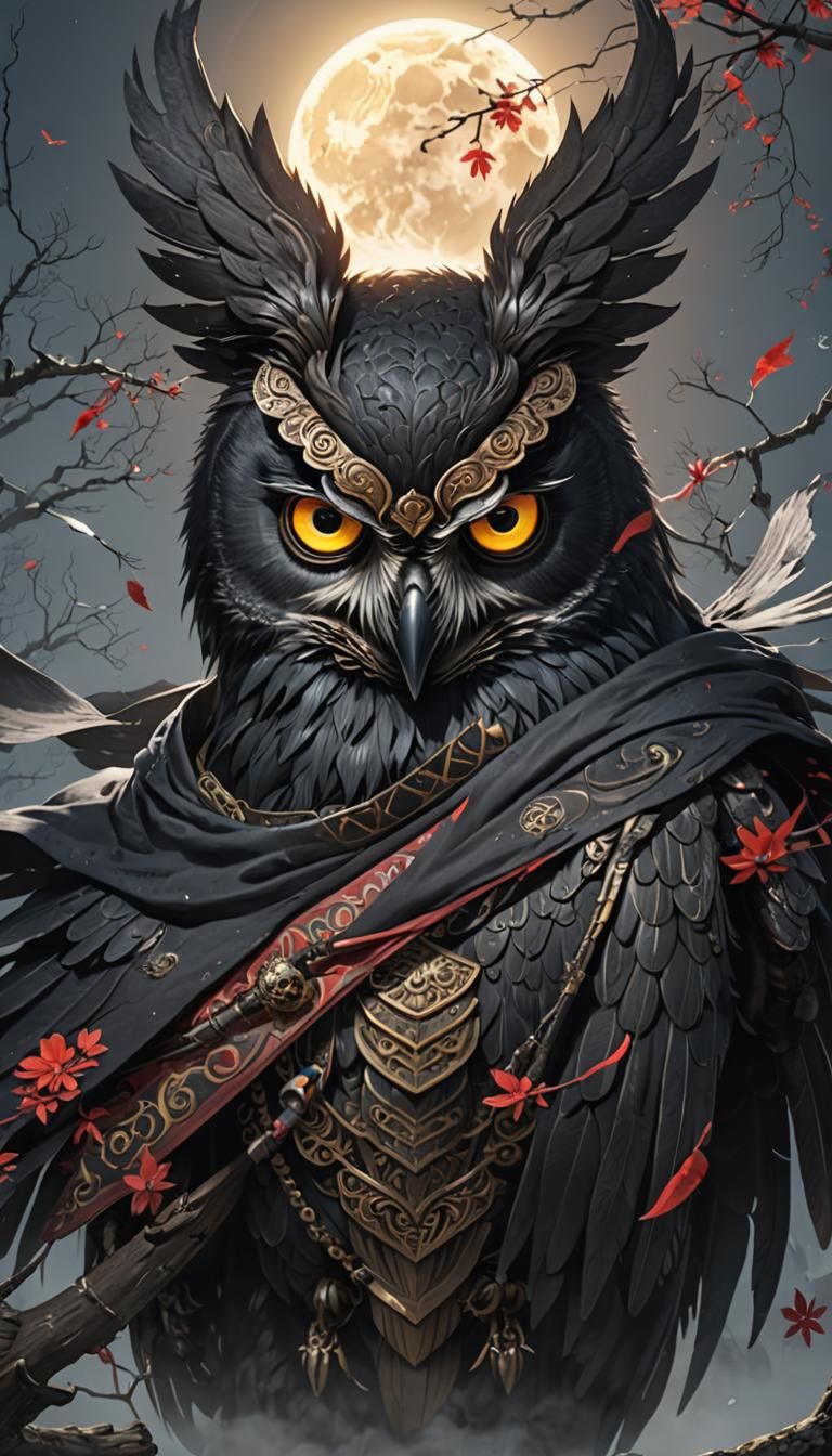Wingless Owl Ninja with Familiar in Japanese Moonlight