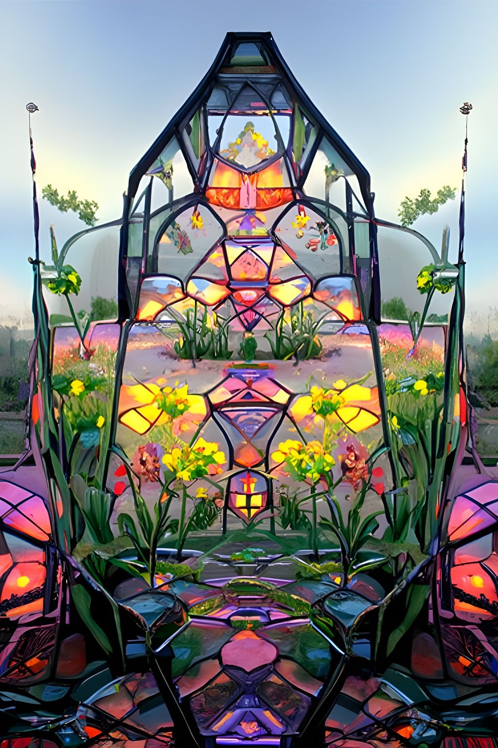 Stained Glass Greenhouse with Wildflowers in Golden Light