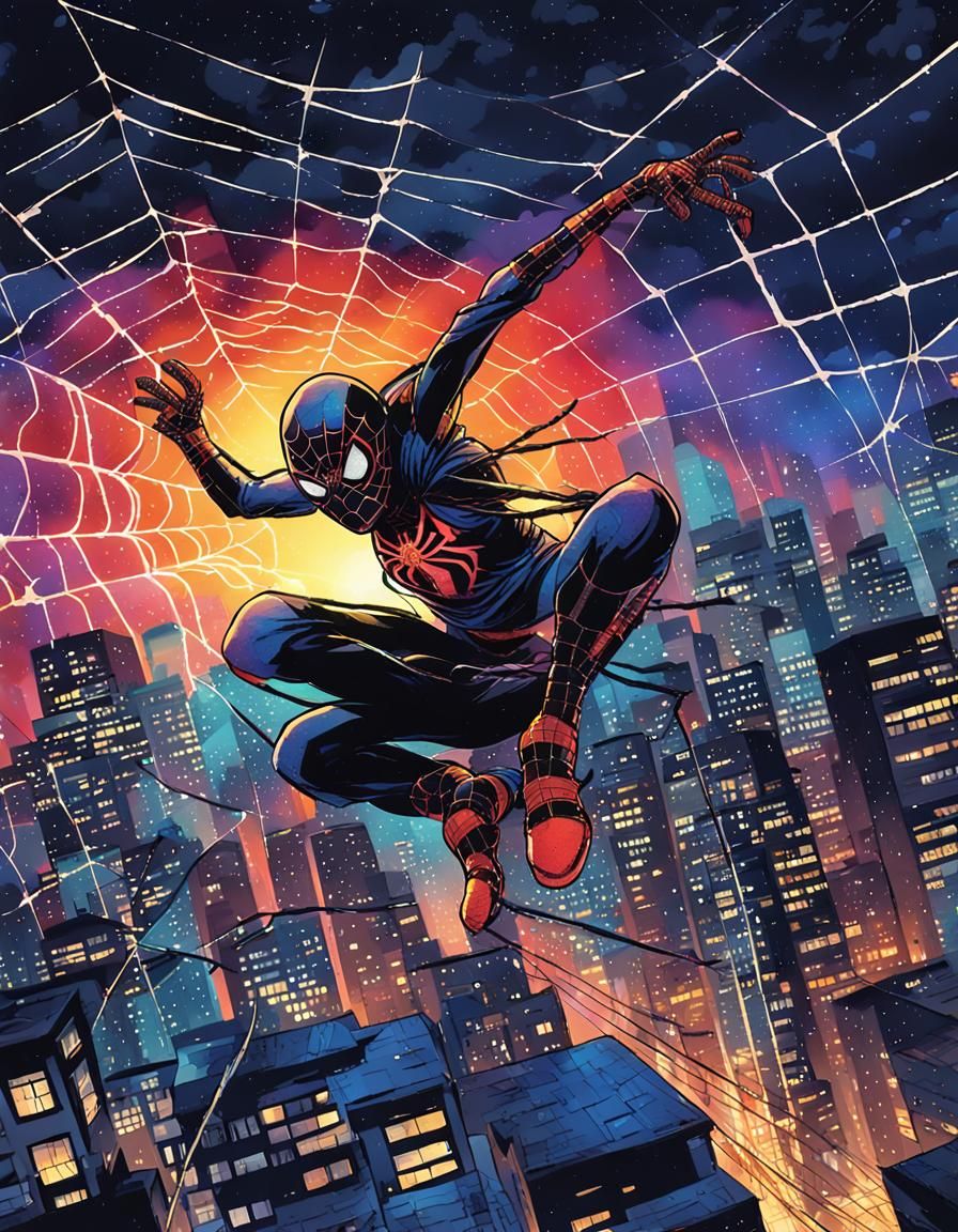 Spider Girl Swings Through Comic Book Cityscape