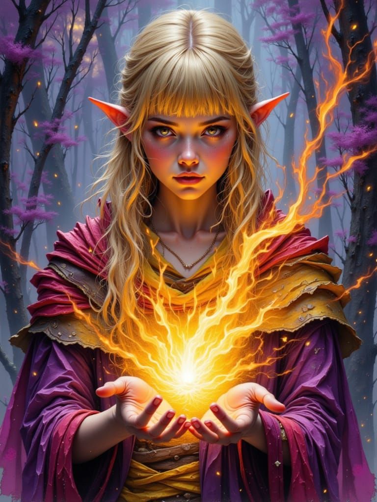 Elf Wizard Creates Fireball as Impasto Oil Painting