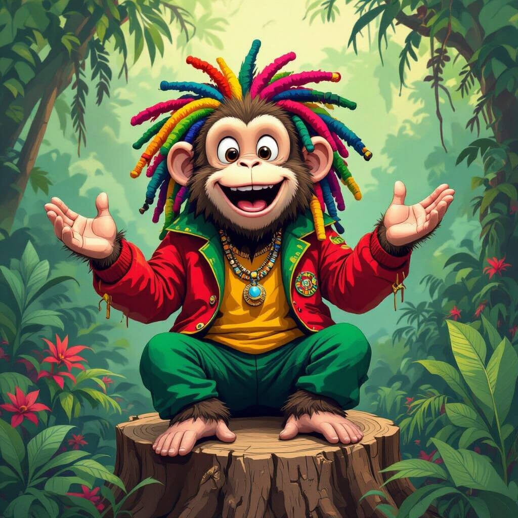 Rasta Monkey in Jungle, Digital Art Style