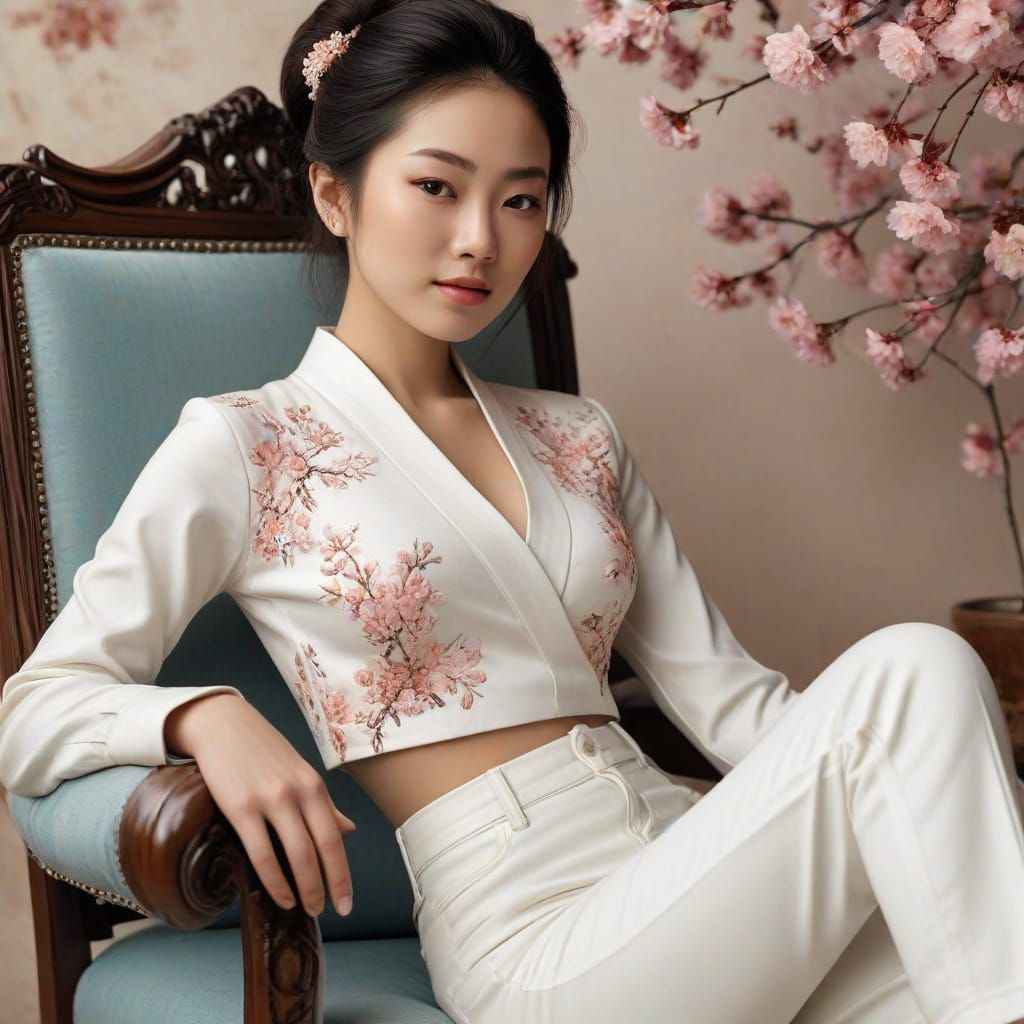 Geisha in Modern Attire Sitting on Ornate Chair